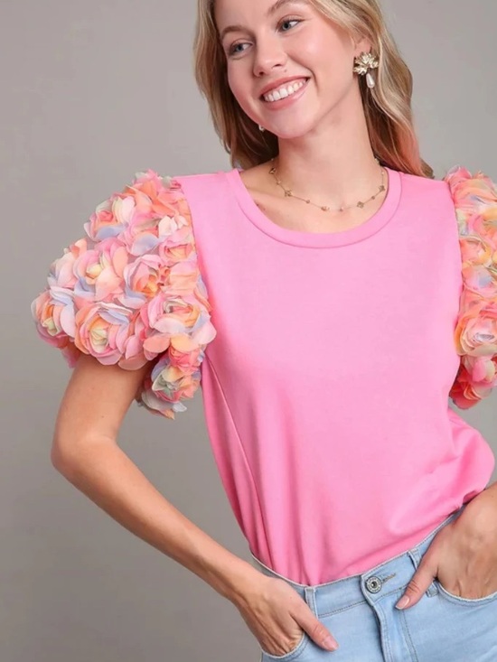 Umgee Tops - Umgee Pink Floral Puff-Sleeve Top